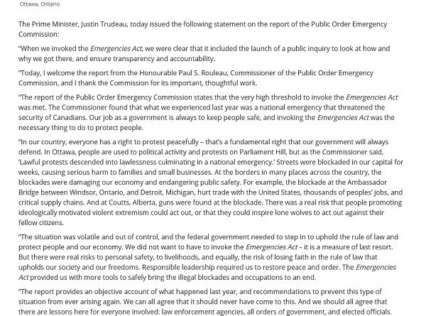 贾斯廷·特鲁多总理就公共秩序紧急委员会报告发声明